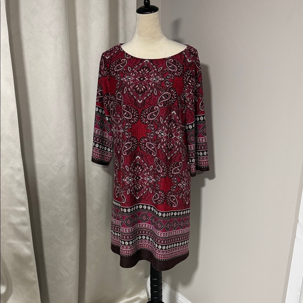 Enfocus Studio Red Paisley & Geometric Long Sleeve Shift Dress